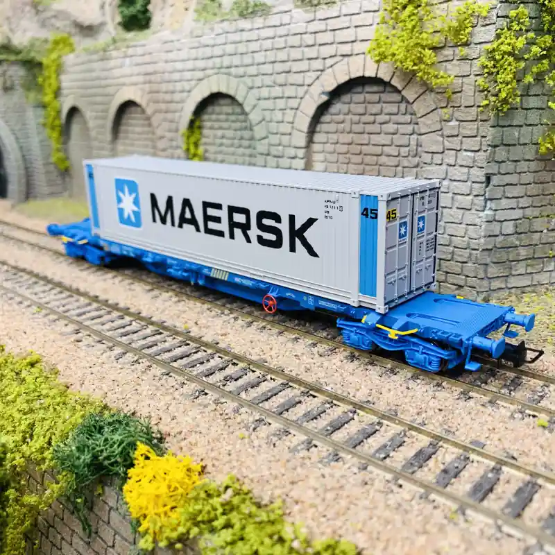 wagon porte-conteneurs MMC3 à 4 essieux, chargé d‘un conteneur «Maersk», RENFE, Ep V - ELECTROTREN HE6044- HO 1/87 Marque