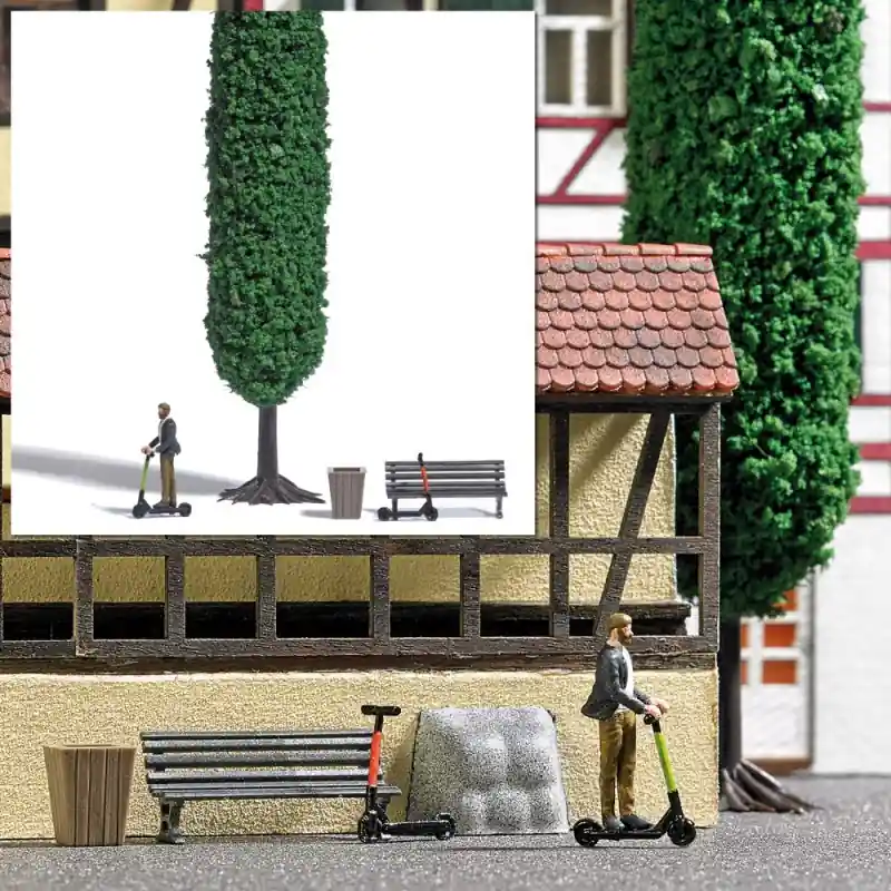 Vente Flash Personnage avec 2 trottinettes électrique + décor-HO 1/87-BUSCH 7867