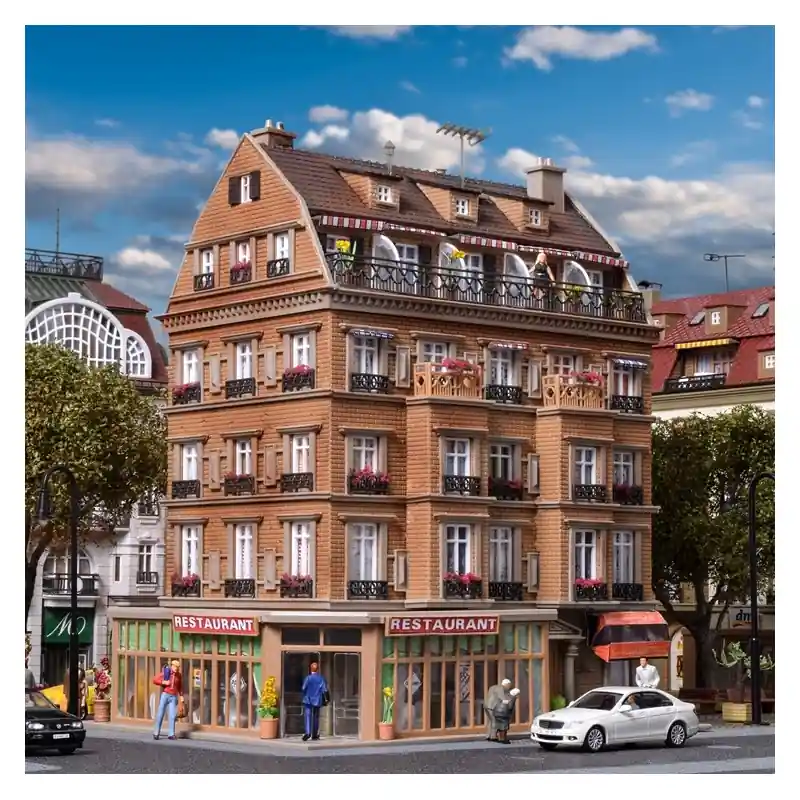 Bâtiment avec restaurant, aménagement et kit d‘éclairage Led-HO-1/87-VOLLMER 43781 Petit Prix