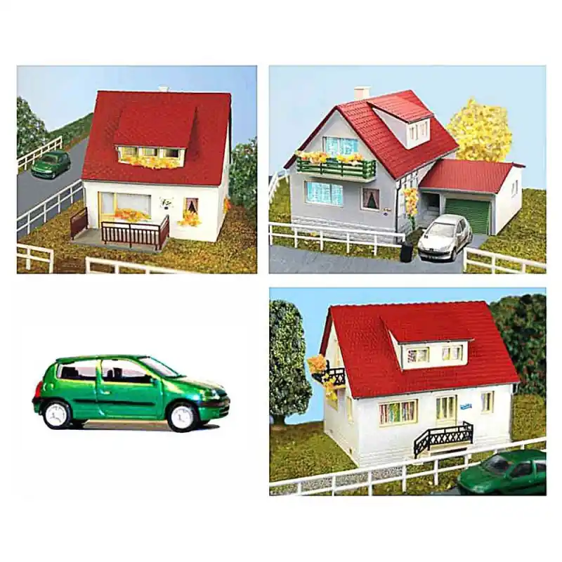 Set de 3 pavillons + 1 véhicule-HO 1/87-SAI 215 Nouvel Arrivage