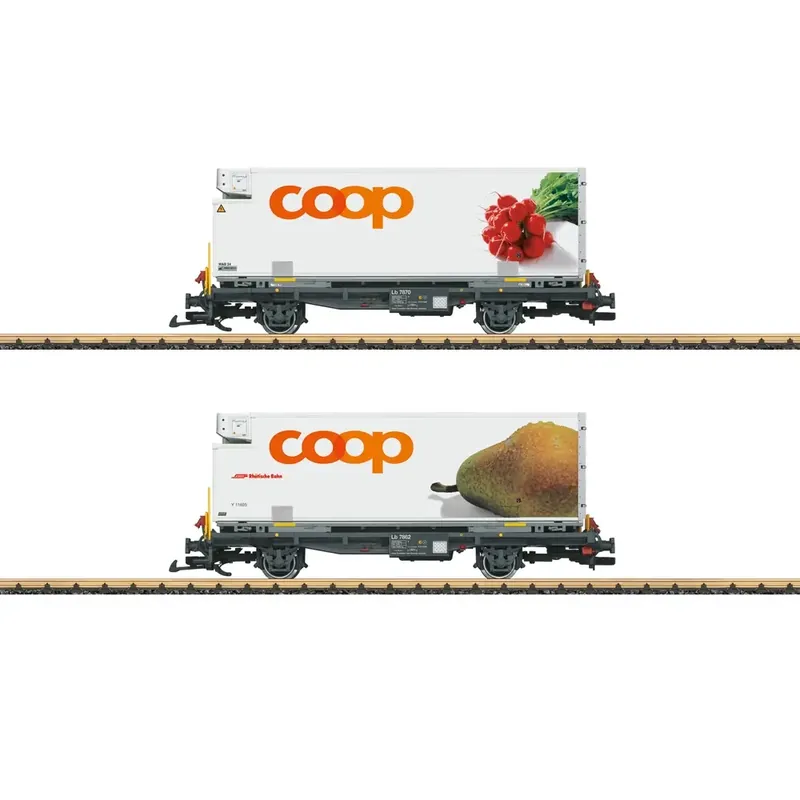 Coffret de 2 wagons porte-conteneurs coop® Radis & Poires - LGB L45889 - RhB - G 1/22.5 - EP. VI - 2R Paiement Sécurisé