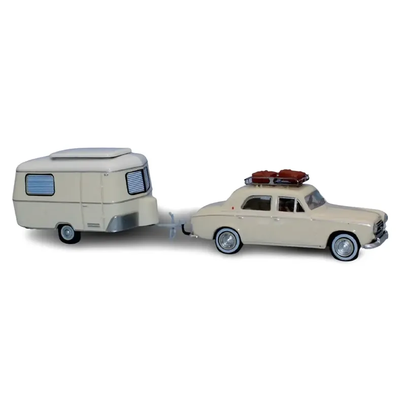 Peugeot 403 ivoire avec caravane Eriba, galerie de toit, 2 valises, un conducteur et une passagère - Sai 1826 - HO 1/87 Prix Choc
