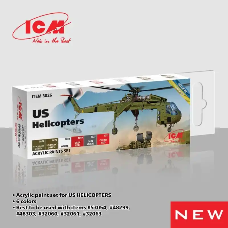 Achat Immédiat ICM 3026 PEINTURE ACRYLIC PAINT SET FOR US HELICOPTERS 6 X 12 ML