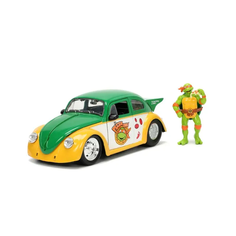 JADA 33741 VOLKSWAGEN BEETLE NINJA TURTLES W/MICHELANGELO FIGURE BI-COLOR HOLLYWOOD RIDES 1959 1/24 Soldes