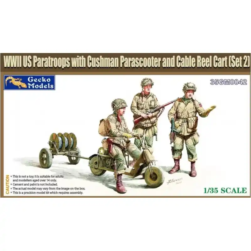 GECKO MODELS 35GM0042 MAQUETTE MILITAIRE PARACHUTISTES US AVEC SCOOTER ET REMORQUE DEROULEUR DE CABLE 1/35 Produit De Marque
