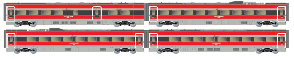 COFFRET DE 4 VOITURES INTERMÉDIAIRES SUPPLÉMENTAIRES TRENITALIA DU TRAIN À GRANDE VITESSE « FRECCIAROSSA 1000 », LIVRÉE AVEC PUBLICITÉ « DUCATI » FS Nouvelle Collection