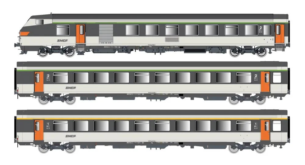 SET DE 3 VOITURES VOYAGEURS/PILOTE VU B6DUX + VTU B11TU + VTU A10TU, LIVRÉE CORAIL D’ORIGINE, LOGO NOUILLE SNCF AC - (A RESERVER) Réduction
