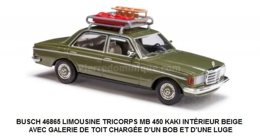 *SOLDES* - LIMOUSINE TRICORPS MERCEDES BENZ 450 KAKI INTÉRIEUR BEIGE AVEC GALERIE DE TOIT CHARGÉE D‘UN BOB ET D‘UNE LUGE Commander Vite