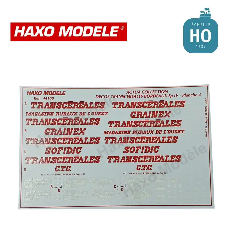 Planche marquage n°4 céréaliers à bogie "Transcéréales" Bordeau HO Haxo Modèle HM44100 Marque