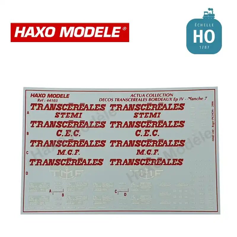 Planche marquage n°7 céréaliers à bogie "Transcéréales" Bordeau HO Haxo Modèle HM44103 Retour Gratuit