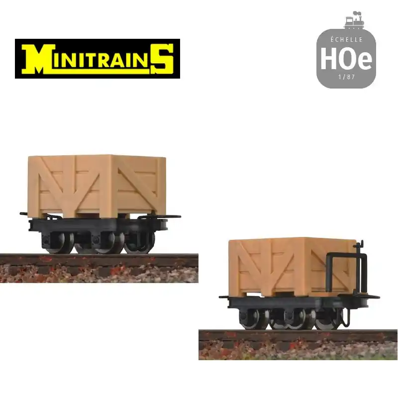 Set de 4 wagonnets avec caisse en bois H0e Minitrains 3113 Jusqu'à Épuisement Des Stocks