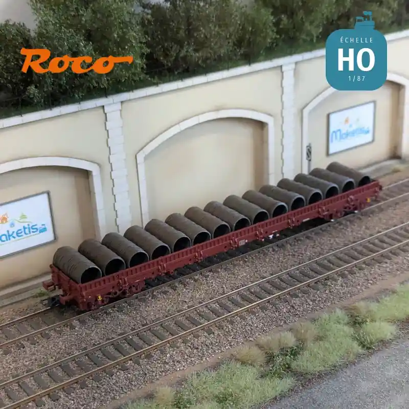 Wagon plat à ranchers pivotants Res chargé de bobines SNCF EP V-VI HO Roco 6600184 Offre Spéciale