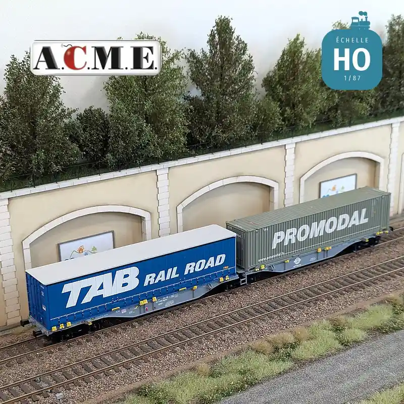 Wagon multimodal articulé 90‘ type Sggmrss Ermewa avec 2 caisses mobiles "TAB Railroad et Promodal" EP VI HO ACME 40496 Expédié Aujourd'hui
