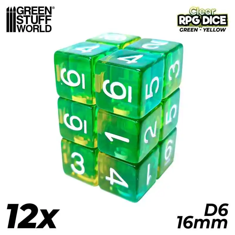 12x D6 16mm Dés de Jeu - Vert/Jaune Transparent Petit Prix