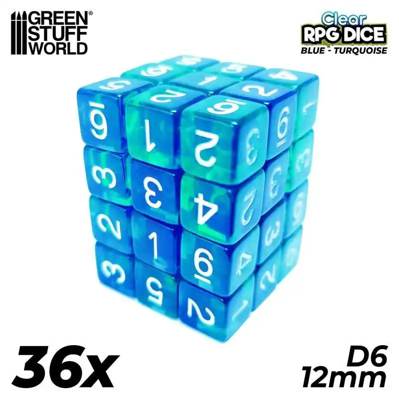 Bon Marché 36x D6 12mm Dés de Jeu - Bleu/Turquoise Transparent