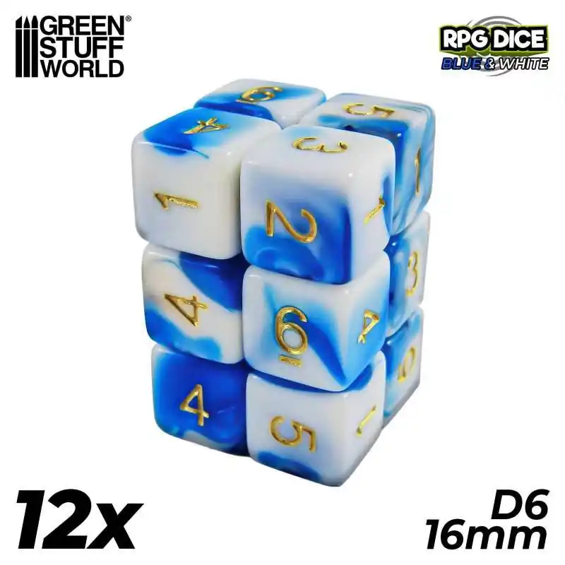 12x D6 16mm Dés de Jeu - Bleu Blanc Offre Du Jour