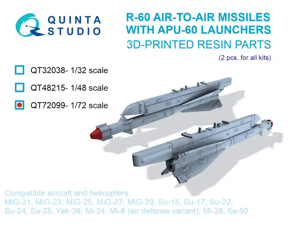 NEW! Quinta Studio QT72099 R-60 Air-to-Air Missiles with APU-60 Launchers (2 pcs / 3D-Printed) Remise