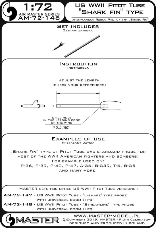 Acheter Direct Master AM-72-146 US WWII Pitot Tube - "Shark-fin" type probe (1 pc) - used on P-36, P-39, P-40, P-47, A-36, B-239, T-6, B-25 and many more