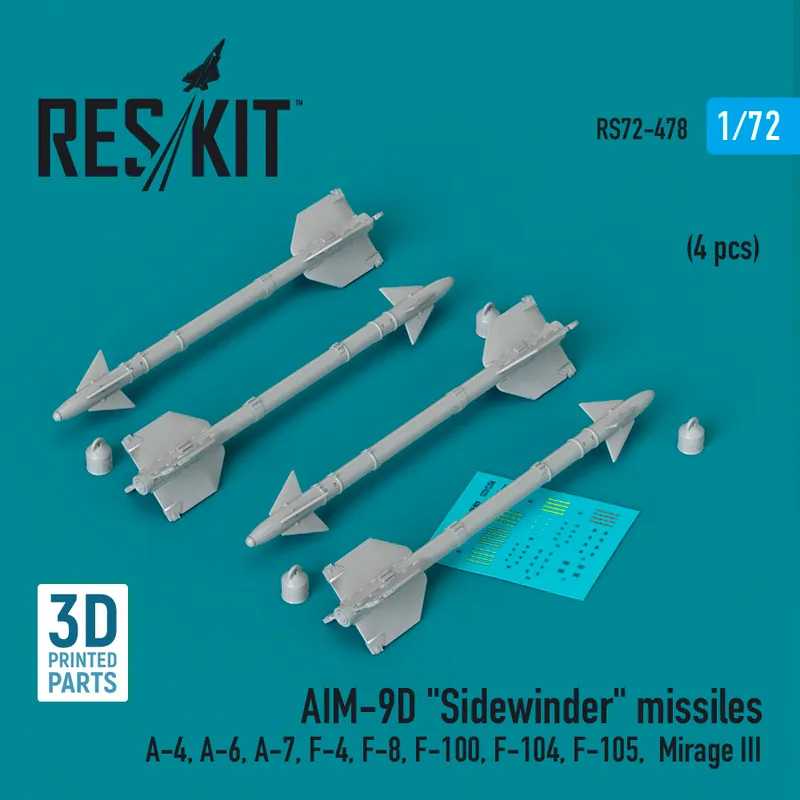 Offre Limitée RES/KIT 72-0478 AIM-9D ‘Sidewinder‘ Missiles (4pcs) (A-4, A-6, A-7, F-4, F-8, F-100, F-104, F-105, Mirage III) (3D Printed)