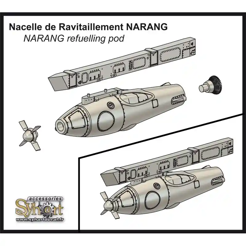 Produit De Marque Syhart Decal AD022-72 Refuelling Pod NARANG and Pylon PER 201 for Rafale with Decals (1 piece / 3D-Printed)