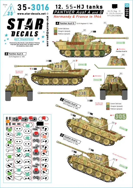 Offre Exclusive Star-Decals 35-3016 Panther Ausf. A / D - 12-SS Hitlerjugend Tanks (Normandy and France 1944)