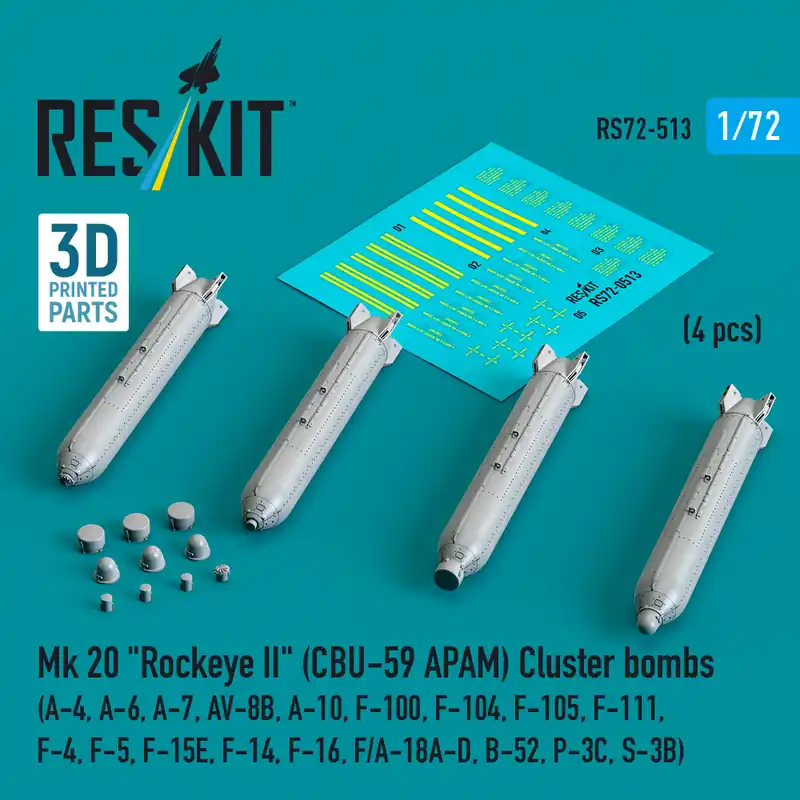 Quantité Limitée RES/KIT 72-0513 Mk 20 ‘Rockeye II‘ (CBU-59 APAM) Cluster Bombs (A-4, A-6, A-7, AV-8B, A-10, F-100, F-104, F-105, F-111, F-4, F-5, F-15E, F-14, F-16, F/A-18A-D, B-52, P-3C, S-3B) (4pcs) (3D Printed)