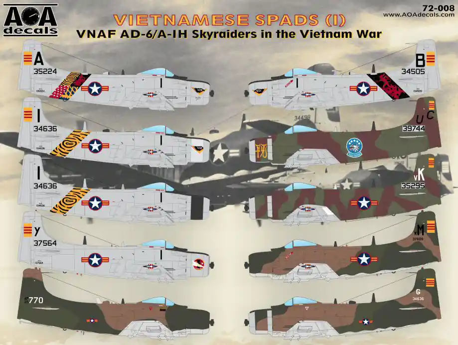 AOA decals 72-008 Vietnamese Spads 1 - VNAF AD-6/ A-1H Skyraiders in the Vietnam War Commande En Gros