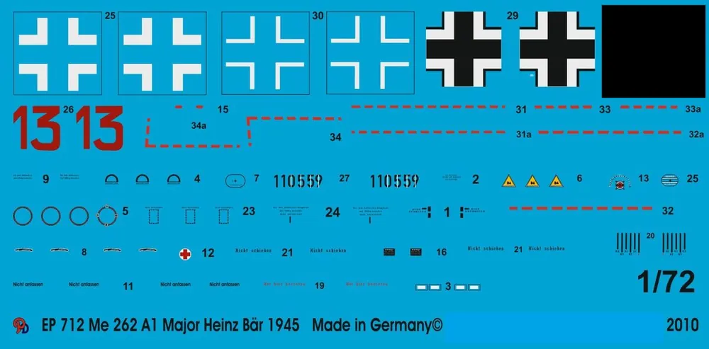 Peddinghaus-Decals 0712 Markings For Me 262 Major Heinz Bär EJG 2, March 1945 Authentique