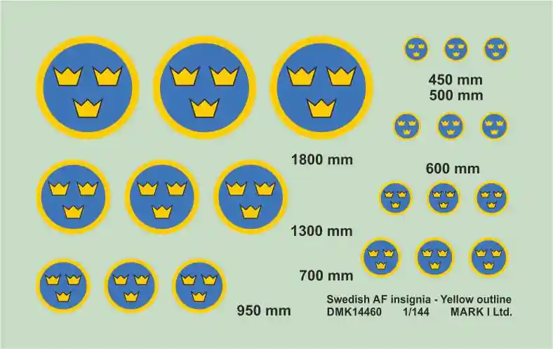 Mark I Decals DMK14460 Swedish Air Force Insignia – Yellow Outline (2 sheets) Offre Du Jour