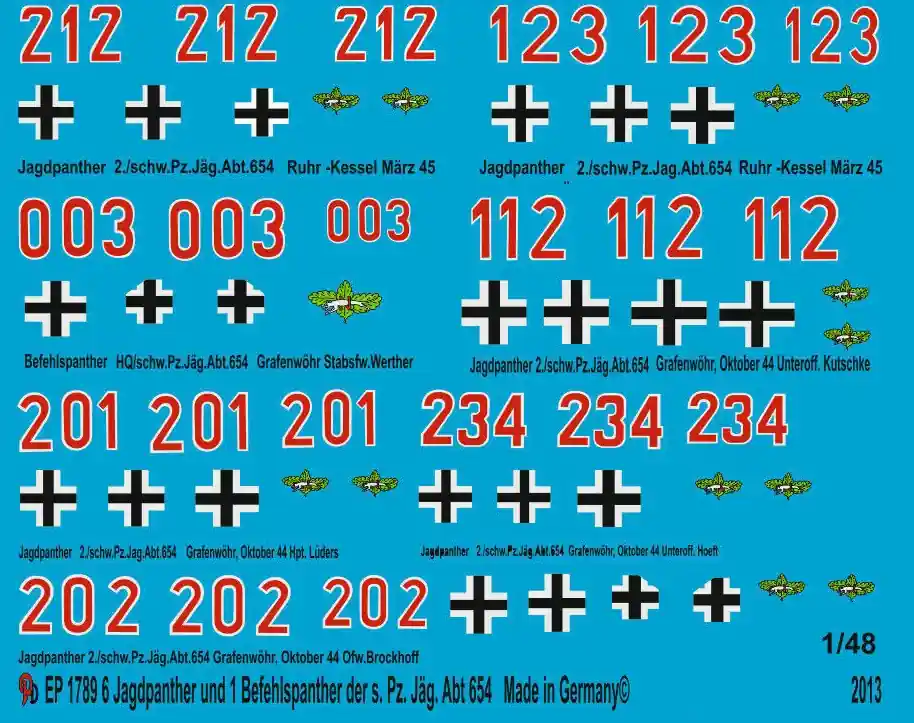 Peddinghaus-Decals 1789 6 Hunting Panther And 1 Command Panther s. Pz. Jäg. Abt 654 1944-1945 Nouvelle Collection