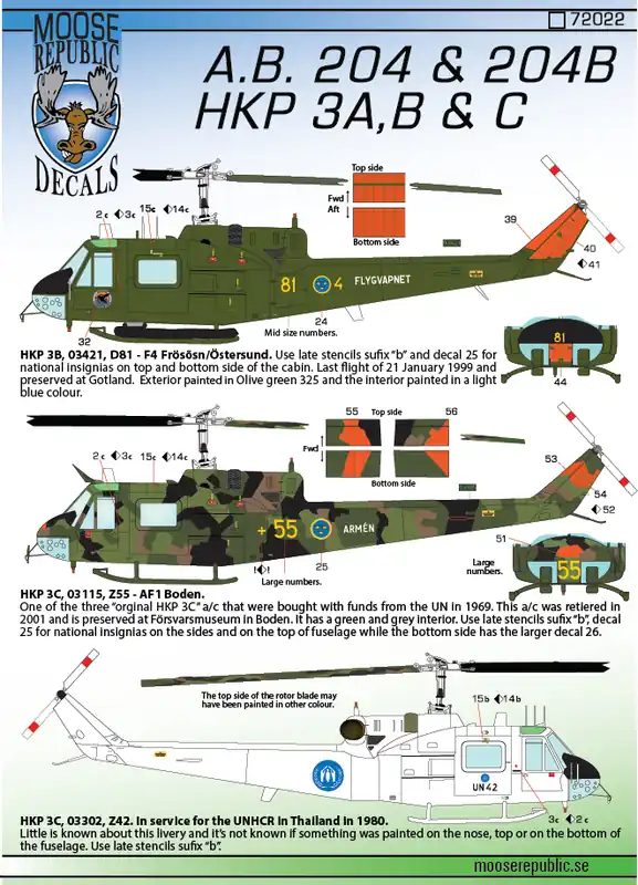 Produit De Marque Moose Republic Decals 72022 Agusta-Bell AB-204B / Bell UH-1B Iroquois (HKP 3A/B/C) Decals