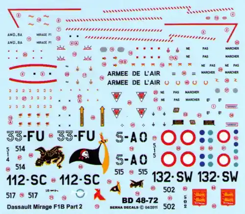 Berna Decals 48072 Dassault Mirage F.1 B (4 schemes) Prix Choc