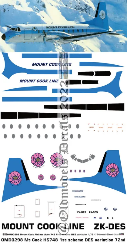 Satisfait Ou Remboursé Old models Decals 0298 Avro 748 - Mount Cook Airlines 1st Scheme DES Variation