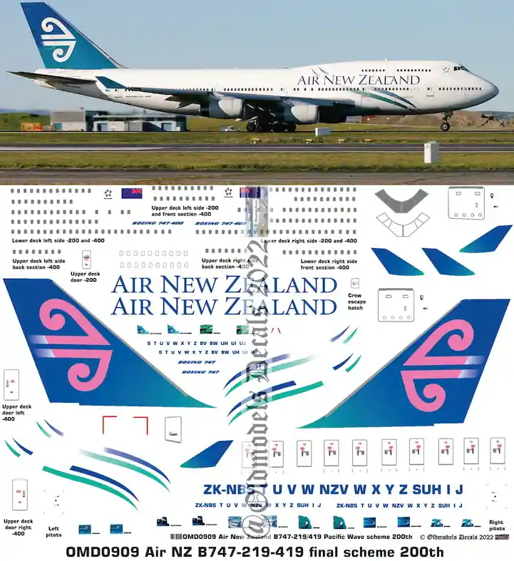 Old models Decals 0909 Boeing B747-219/419 - Air New Zeeland Pacific Wave Scheme Promotion Saisonnière