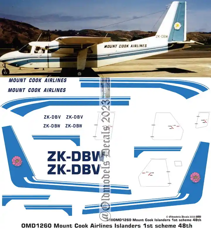 Acheter En Ligne Old models Decals 1260 BN-2 Islander - Mount Cook Airlines 1st Scheme