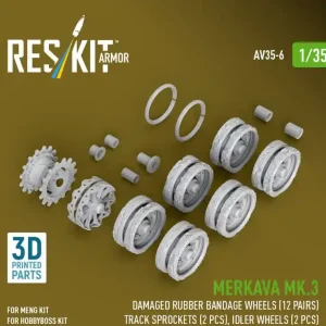Offre Spéciale RES/KIT AV35-0006 Merkava Mk.3 - 3D-Printed Damaged Rubber Bandage Road Wheels (12 pairs) / Track Sprockets (2 pcs) and Idler Wheels (2 Pcs) (for Meng & Hobby Boss Kits)