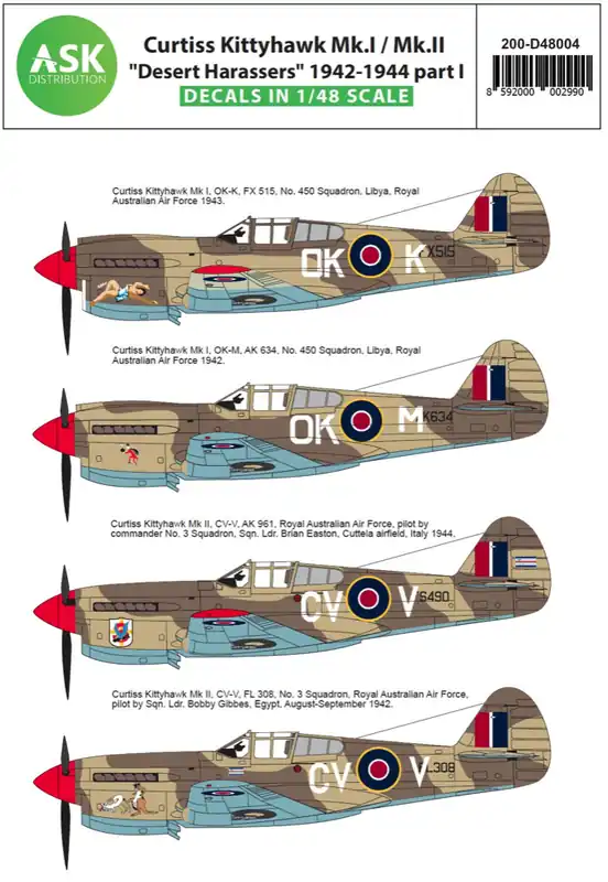 Art Scale Kit D48004 Curtiss Kittyhawk Mk.I / Mk.II "Desert Harassers" 1942-1944 part I Offre Limitée