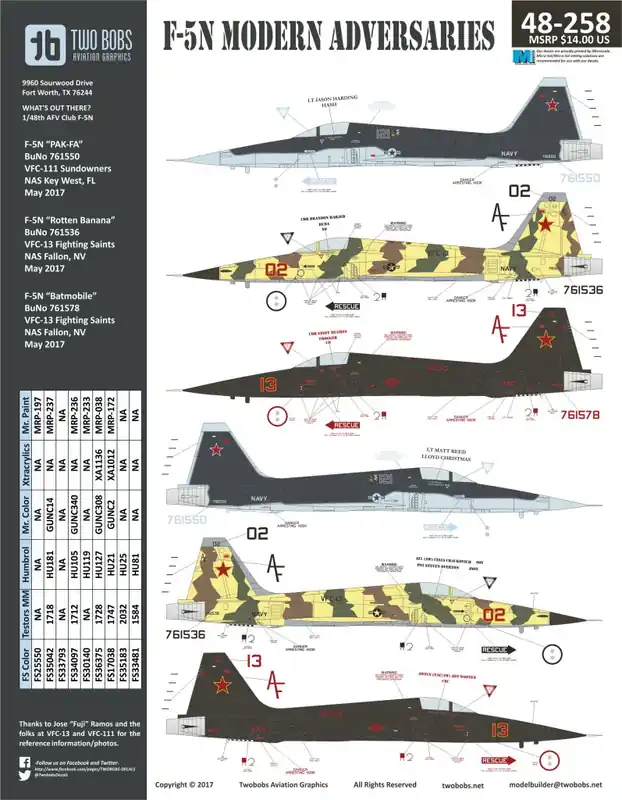 Two Bobs 48258 Northrop F-5 N - Modern Adversaries Decals Top Vente