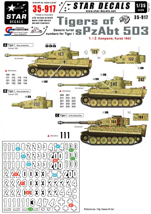 Star-Decals 35-917 Tigers of sPzAbt 503 2. Generic numbers 1./2. Komp. Kursk 1943. Paiement Sécurisé