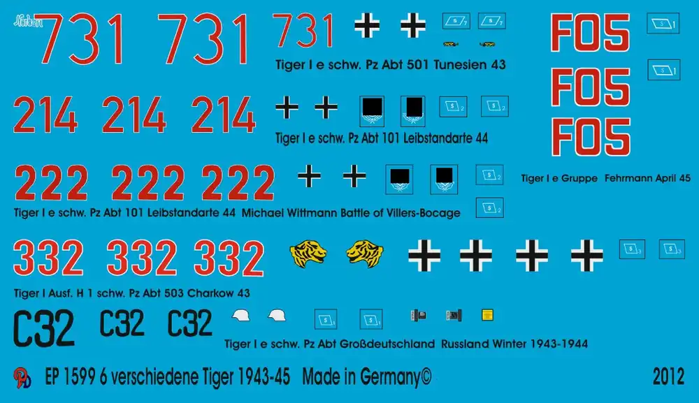 Peddinghaus-Decals 1599 Tiger No. 4 - 6 Different Tiger Tanks 1943-1945 Populaire