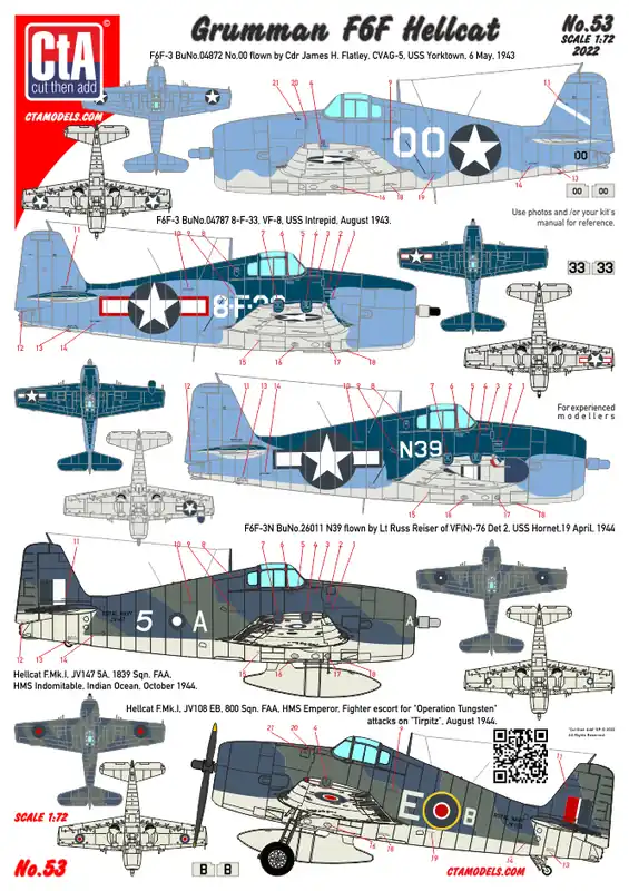 Affaire À Saisir CtA Cut then Add 053 Grumman F6F Hellcat - USN, FAA, Japan, Aeronavale, Uruguay (8 Markings)