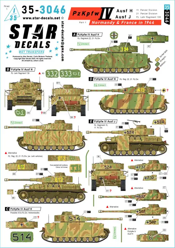 Star-Decals 35-3046 PzKpfw IV Ausf.H / J in Normandy & France in 1944 Part 1 - 11. Pz.Div / 21. Pz.Div and Pz-Lehr Reg 130 Dernier Modèle