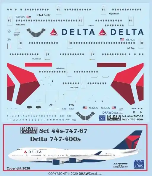 Pas Cher Draw Decal 44-747-67 Boeing 747-400 - Delta Air Lines