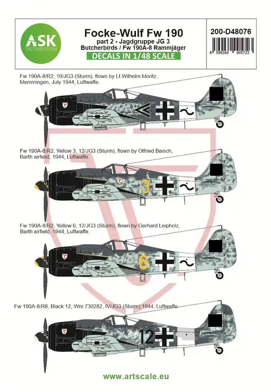 Art Scale Kit D48076 Focke-Wulf Fw 190A Part 2 - Jagdgruppe JG 3 Butcherbirds / Fw 190A-8 Rammjäger Retour Gratuit