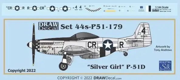 Certifié Draw Decal 44-P51-179 North American P-51 D - "Silver Girl"