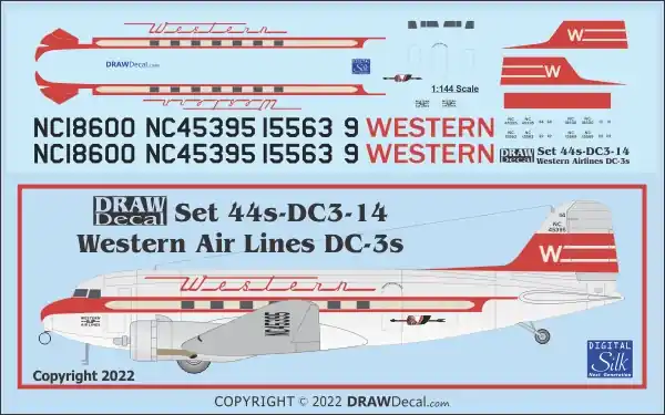 Commander Maintenant Draw Decal 44-DC3-14 Douglas DC-3 - Western Air Lines "Indian Head"