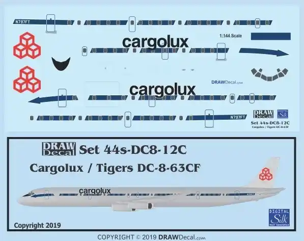 Dernier Modèle Draw Decal 44-DC8-12C Douglas DC-8-63CF - Cargolux / Flying Tiger (N797FT)