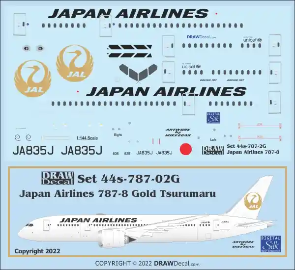 Usine Directe Draw Decal 44-787-02G Boeing 787-8 Dreamliner - Japan Airlines (Scheme with Gold Tsurumaru)