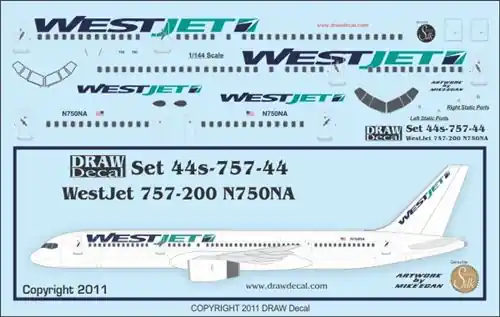 Draw Decal 44-757-44 Boeing 757-200 - WestJet (N750NA) Paiement Sécurisé