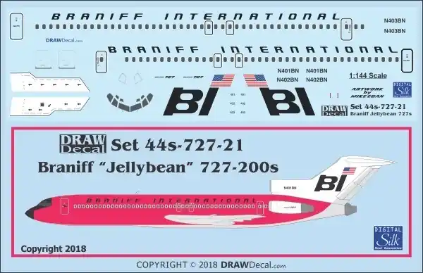 Haute Qualité Draw Decal 44-727-21 Boeing 727-200 - Braniff ("Jelly Bean" Scheme)